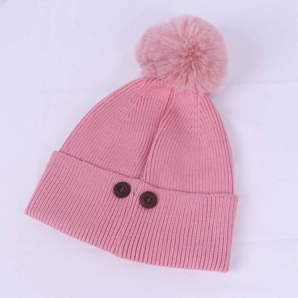 Women's Pink Knit Hat With Pom Pom & Matching Mask - Picture 7 of 13